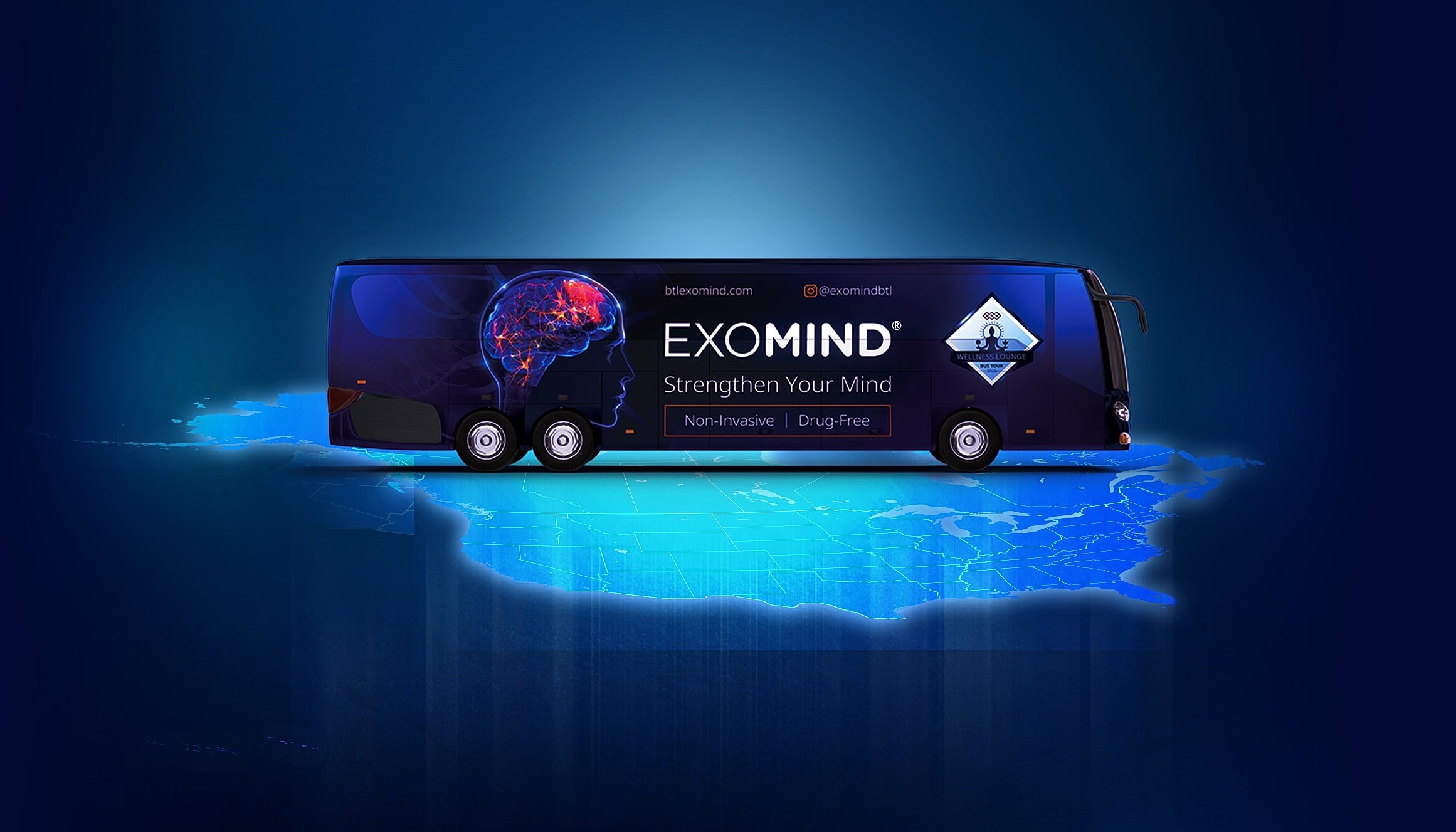 Exomind wellness bus promoting mental health solutions.